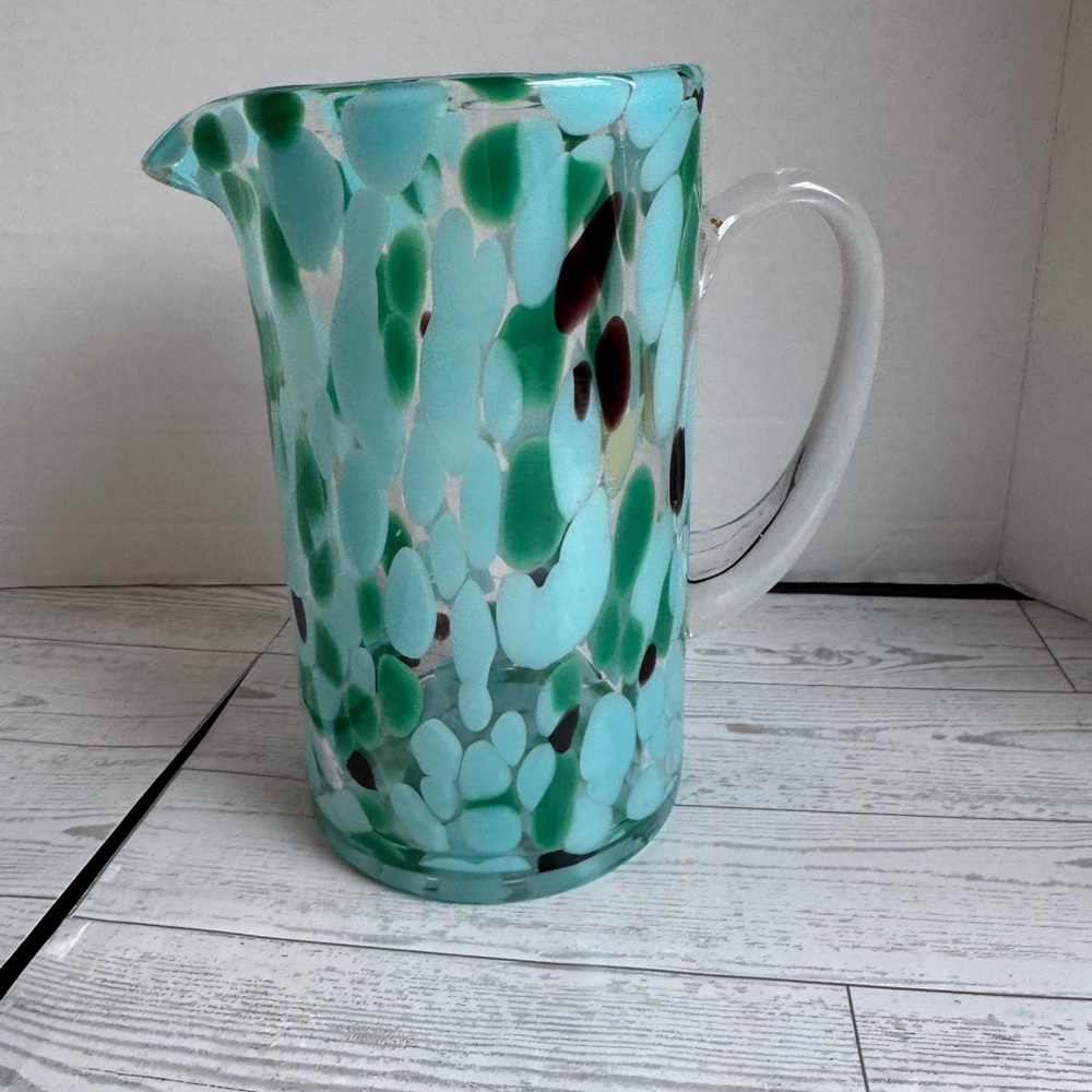 Target Handblown Aqua and Green Speckled Glass Pitcher with Clear Handle